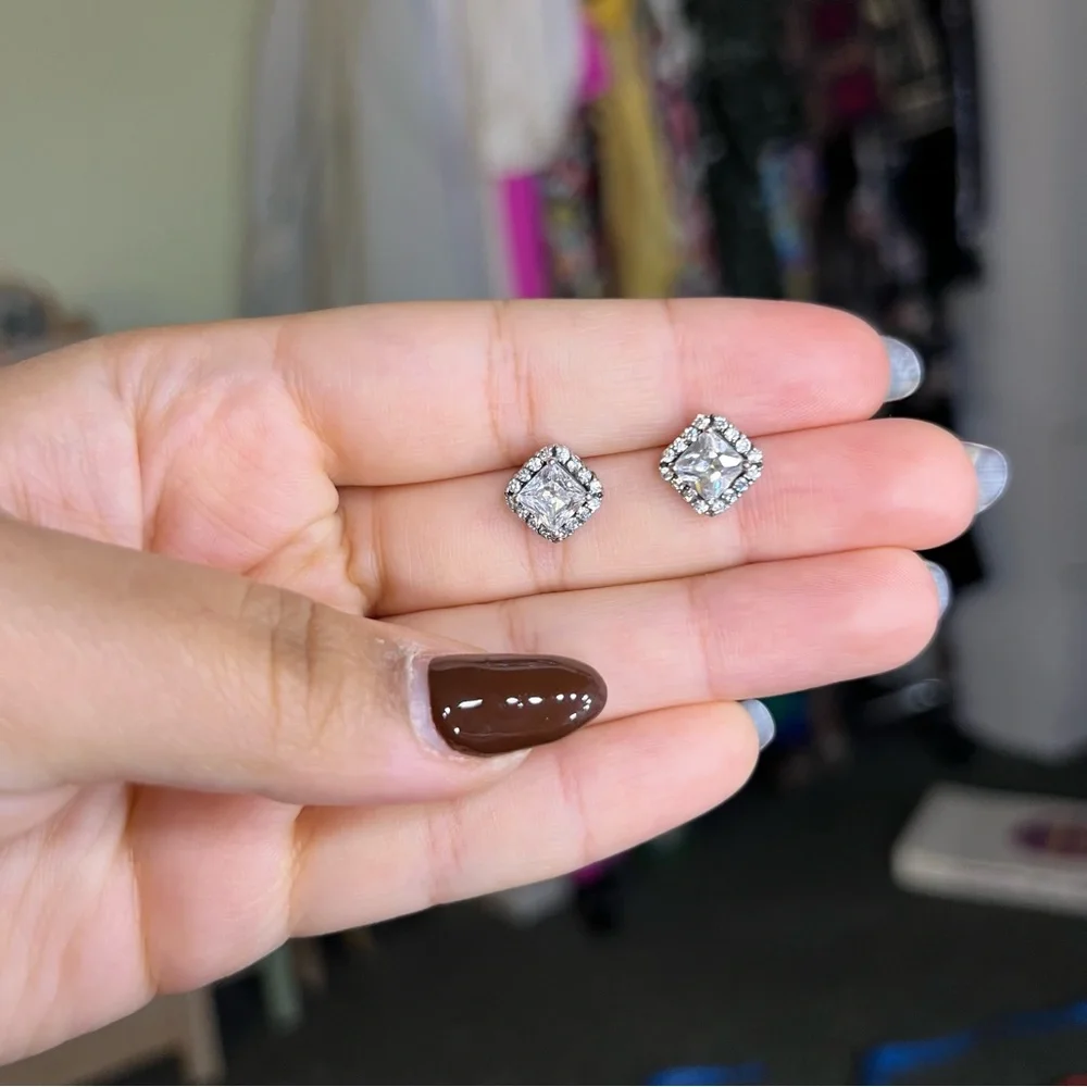 Princess Cut CZ Diamond Square Halo Studs Dainty Small Earrings Jewelry Accessor - Picture 6 of 16